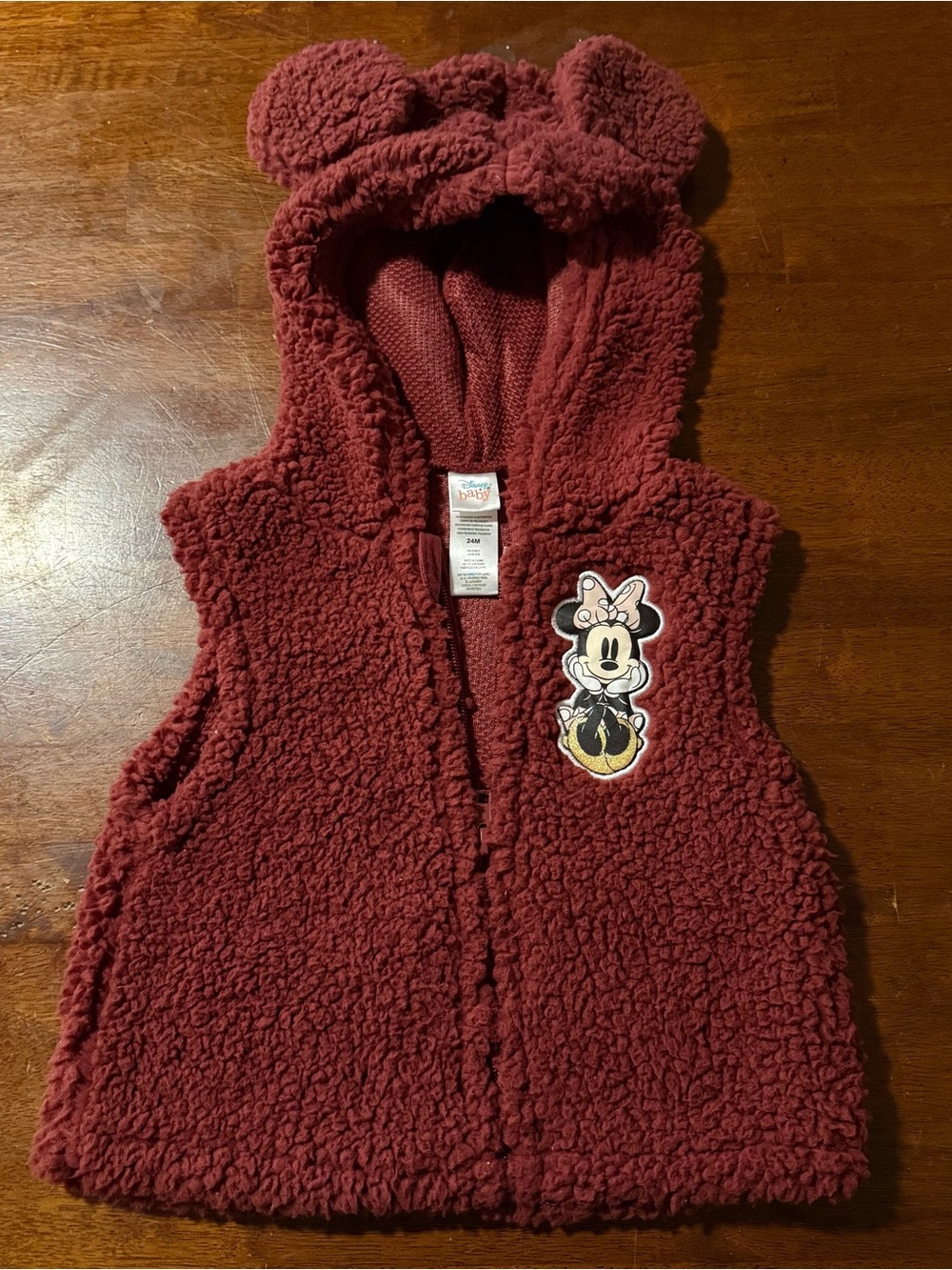 Disney Baby Sherpa Hooded Vest in Burgundy with Minnie Patch 24m 18/24m
